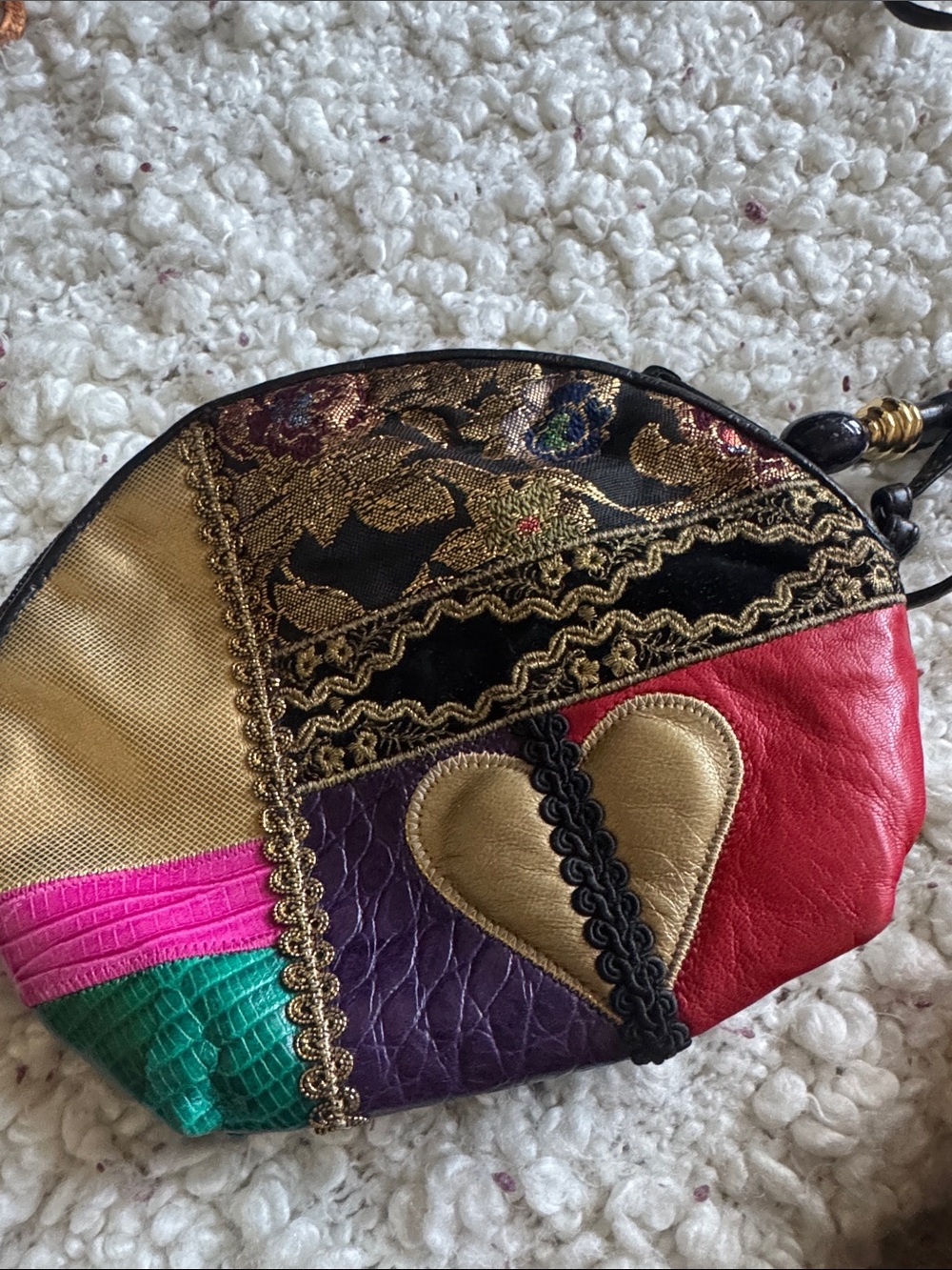 Vintage SHARIF Patchwork Heart Crossbody Bag Gold Brocade Leather USA Made